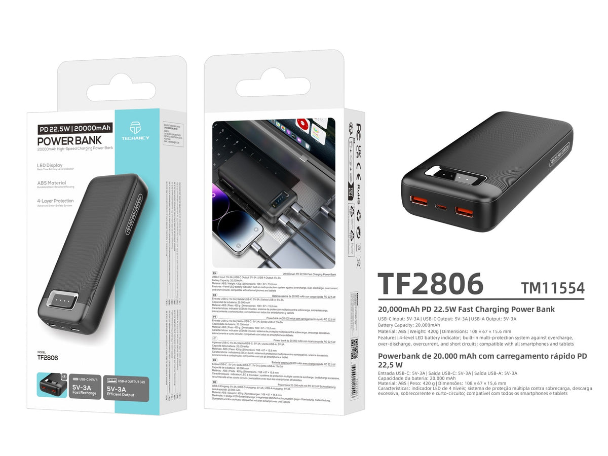 Techancy Power Bank 20000mAh TF2806 PD 22.5W com USB-C e 2 USB,