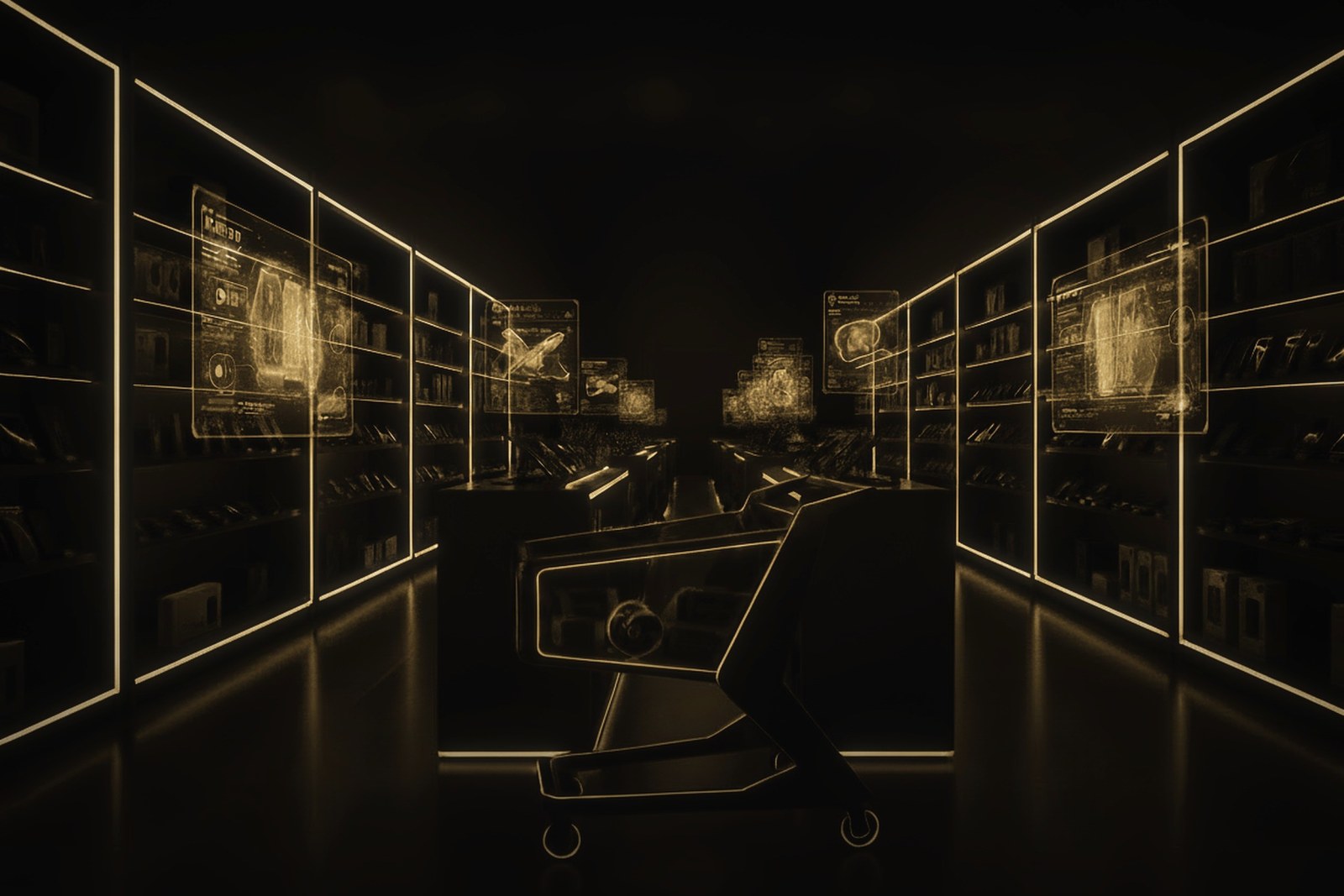 A futuristic retail interior with glowing blue/white LED shelving, holographic display screens, and a stylized shopping cart in the foreground. Large white text at the top reads 'The Finer Things Market'.