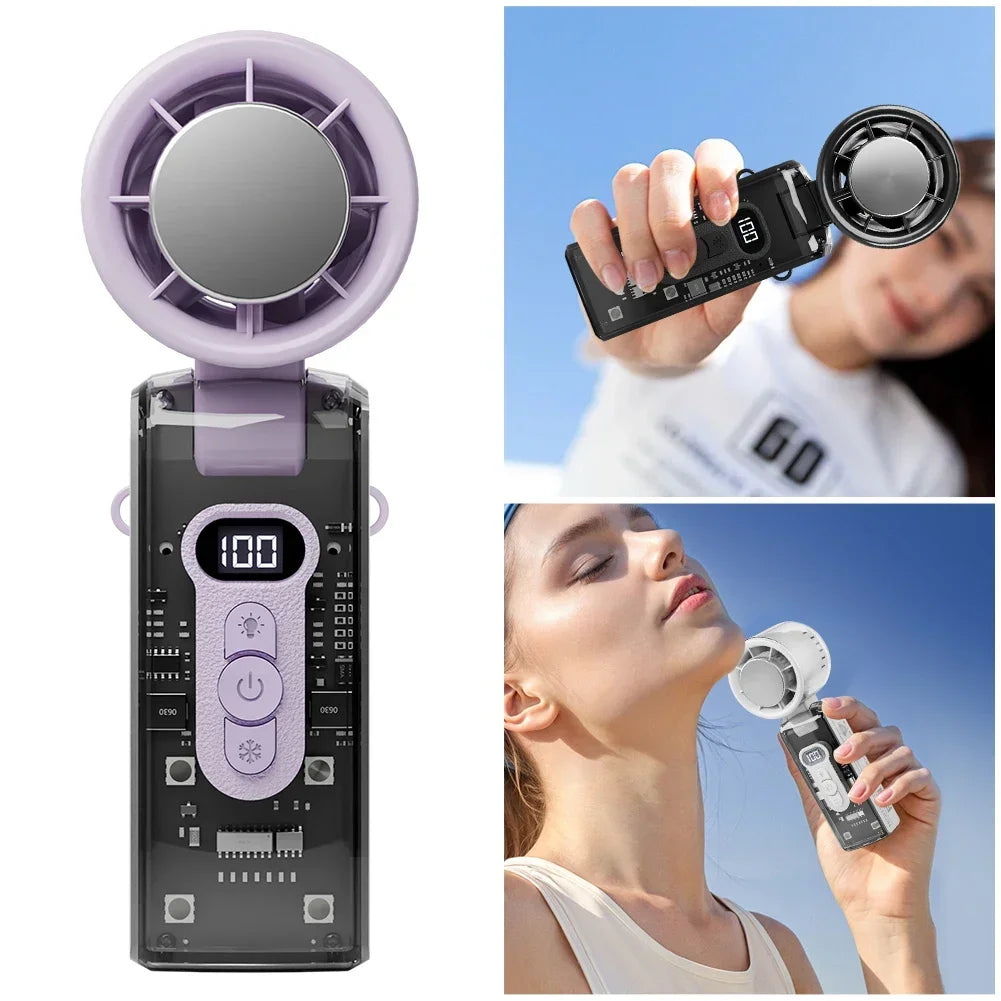 100-Speed Turbo Handheld Fan with LED Light - Rechargeable, Foldable &