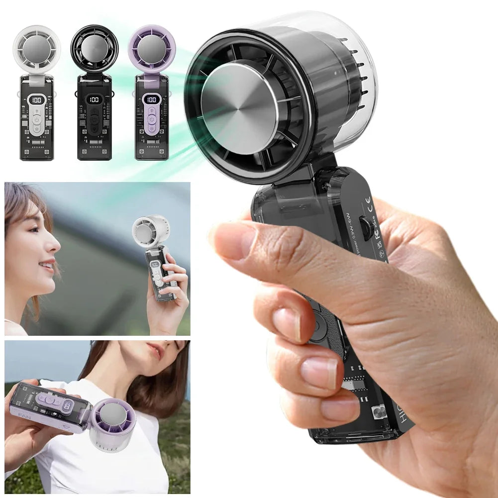 100-Speed Turbo Handheld Fan with LED Light - Rechargeable, Foldable &
