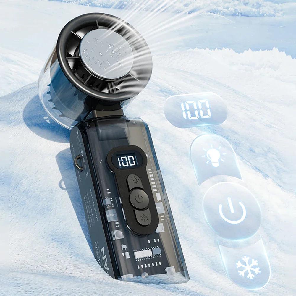 100-Speed Turbo Handheld Fan with LED Light - Rechargeable, Foldable &