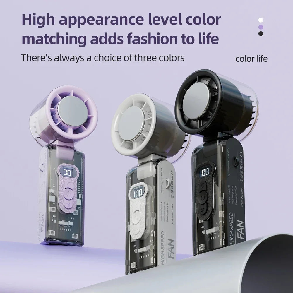 100-Speed Turbo Handheld Fan with LED Light - Rechargeable, Foldable &