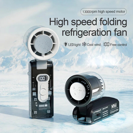 100-Speed Turbo Handheld Fan with LED Light - Rechargeable, Foldable &