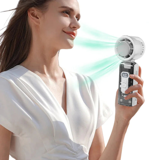 100-Speed Turbo Handheld Fan with LED Light - Rechargeable, Foldable &