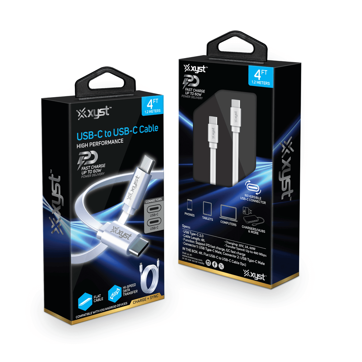 Xyst Flat USB-C to USB-C Charge and Sync Cable 4Ft