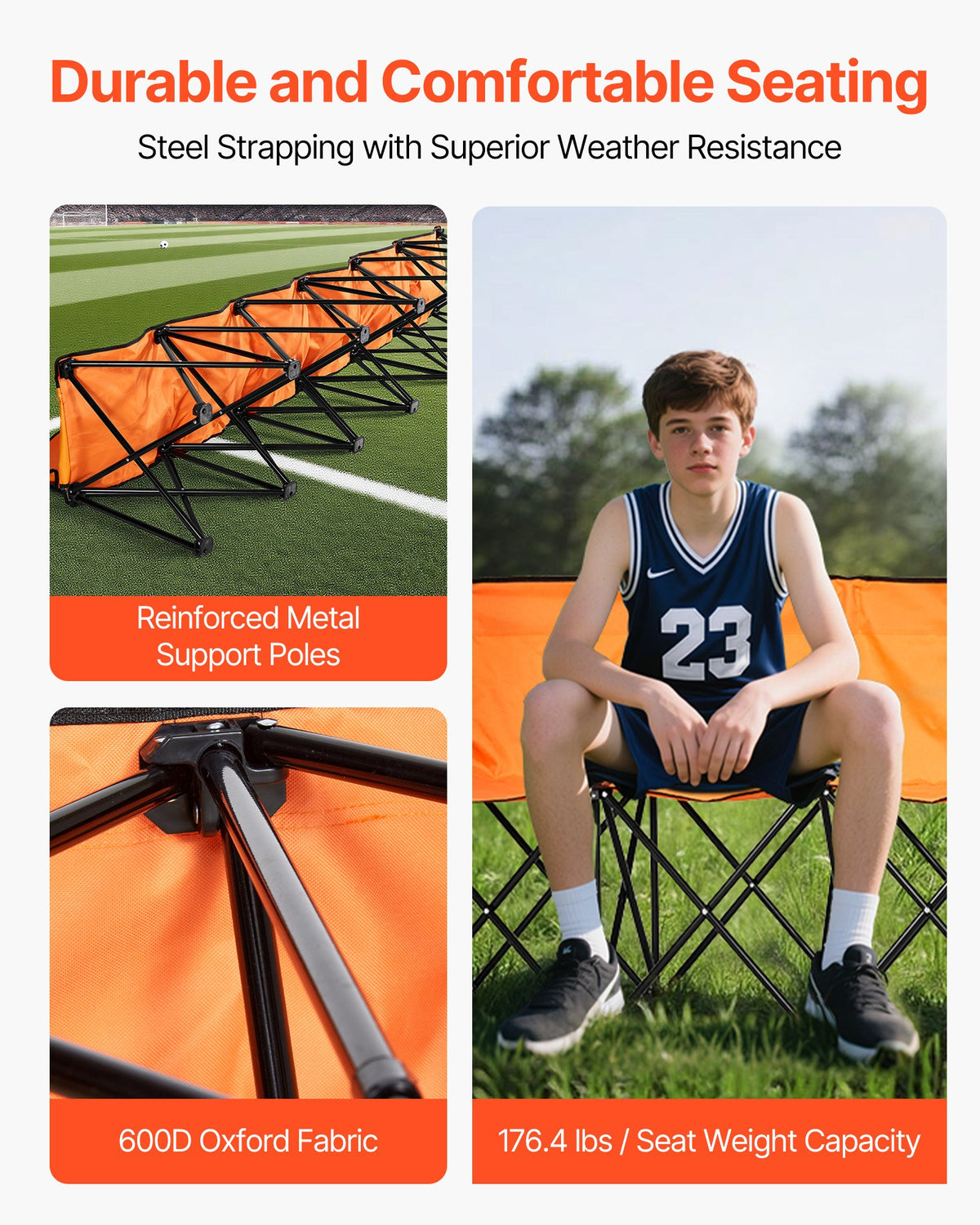 Portable Folding Bench, 6 Seat Foldable Soccer Bench with Side Pockets