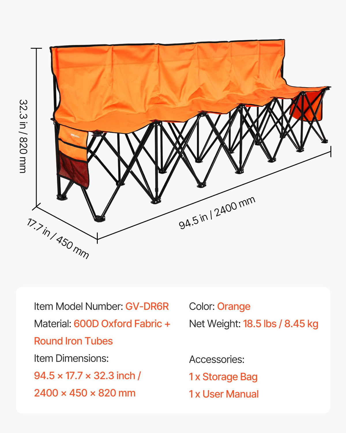 Portable Folding Bench, 6 Seat Foldable Soccer Bench with Side Pockets