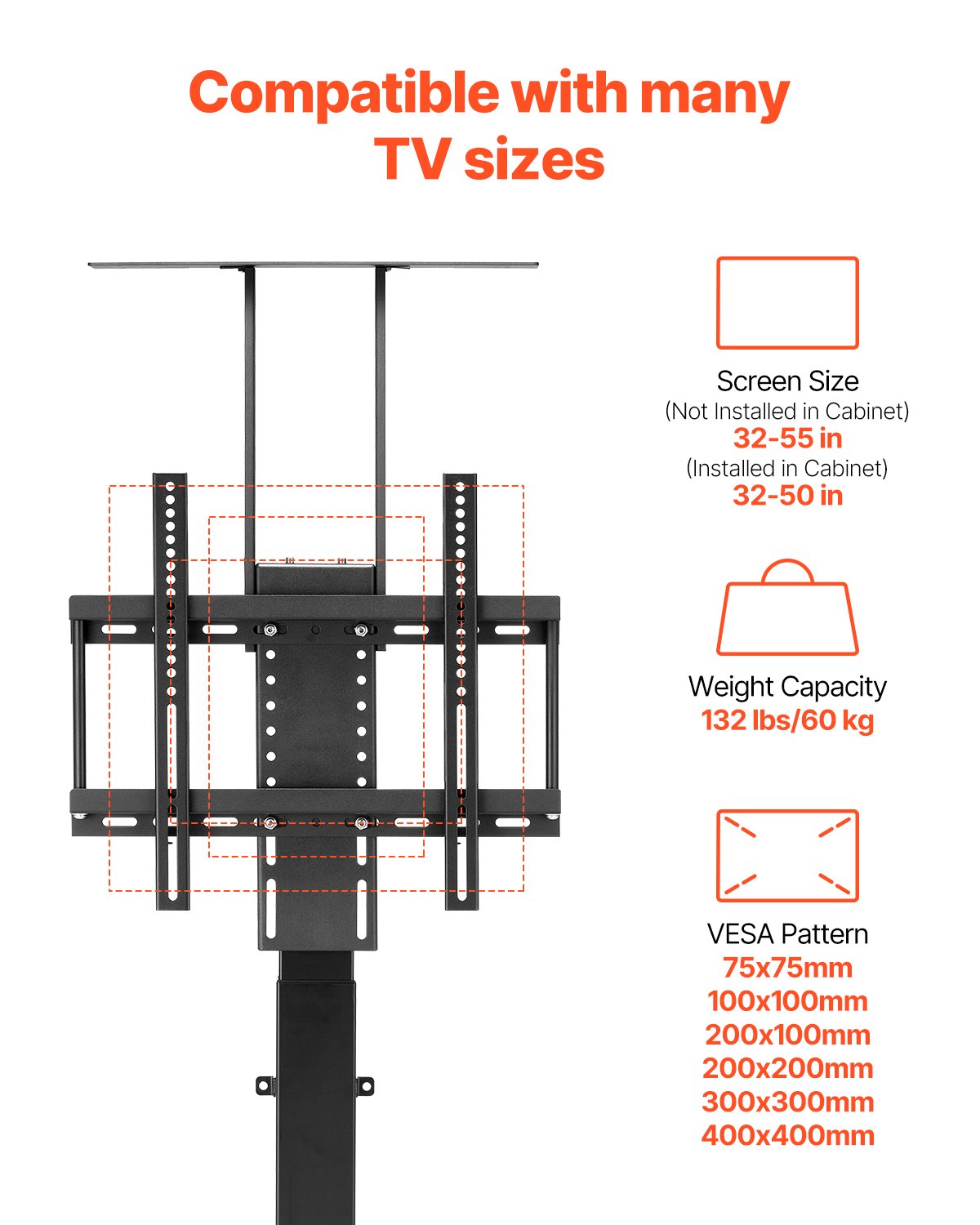 Motorized TV Lift Stand, 132 lbs max Load Adjustable TV Lift Stand
