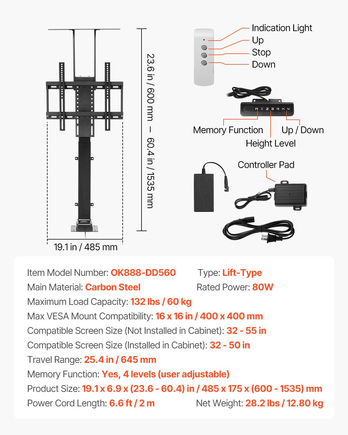 Motorized TV Lift Stand, 132 lbs max Load Adjustable TV Lift Stand
