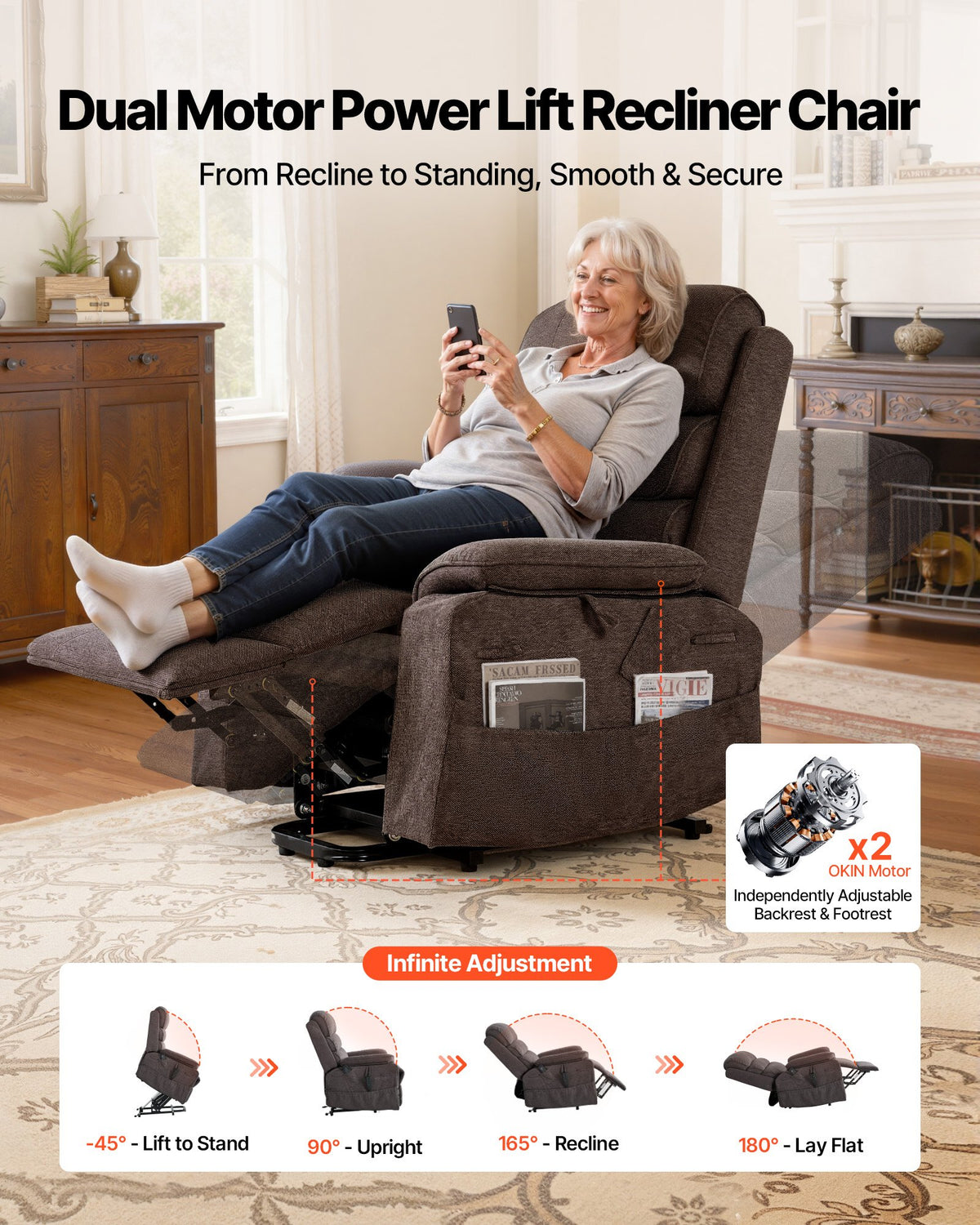 Power Lift Recliner Chair, Dual Motor, Medium Electric Lift Chair with