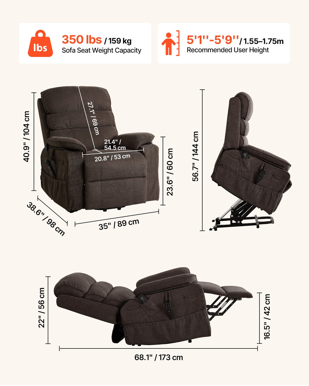 Power Lift Recliner Chair, Dual Motor, Medium Electric Lift Chair with