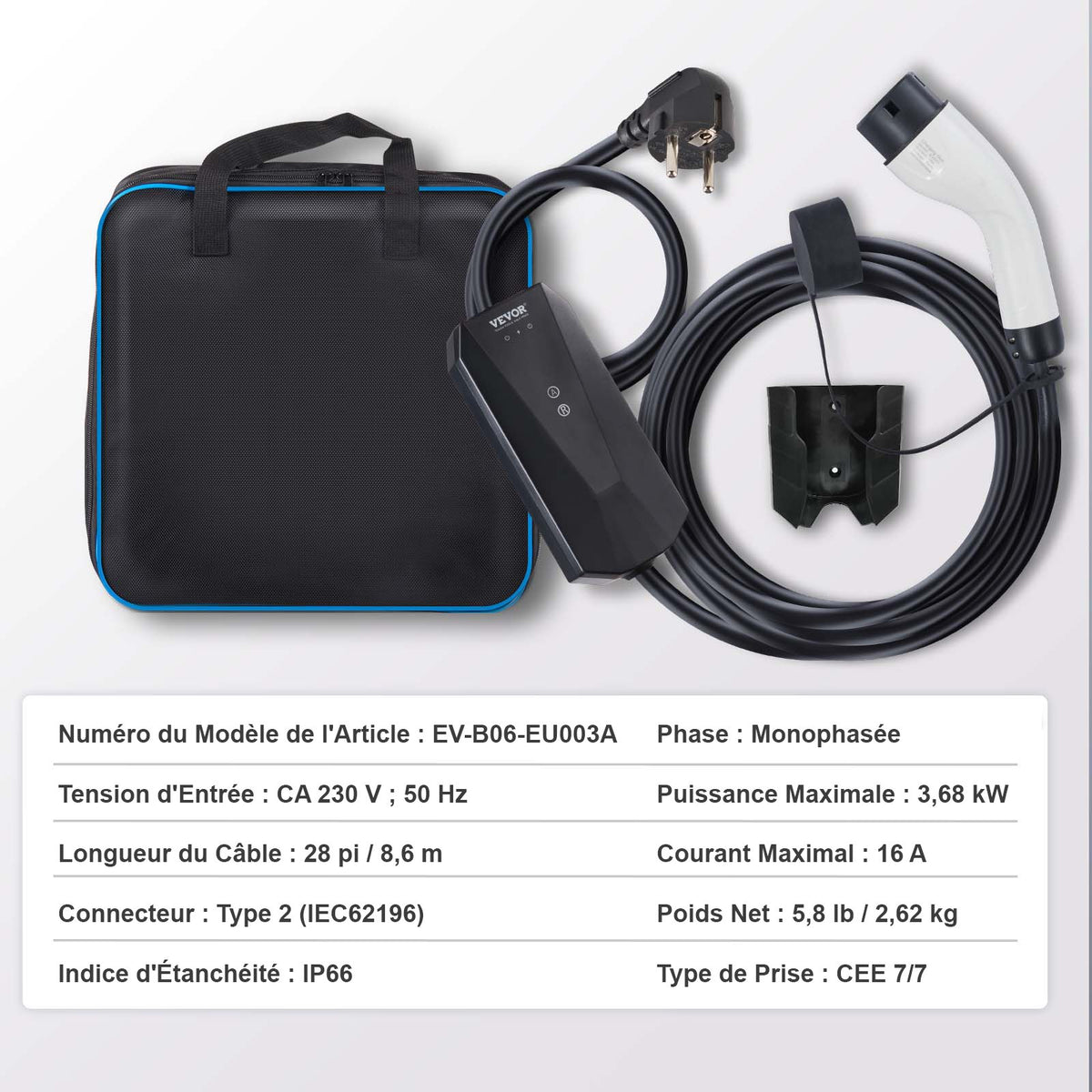 Portable EV Charger Type 2, 16A 3.7 kW, Electric Vehicle Car Charger